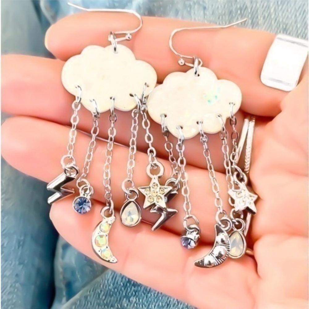Handcrafted silver cloud moon star bolt Swarovski AB Crystal chandelier earrings